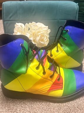 Raad, men’s, obsolete, rainbow combat boots, vinyl, size 14